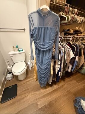 Lulu's Dusty Blue Sheer Ruched Long Sleeve Midi Dress